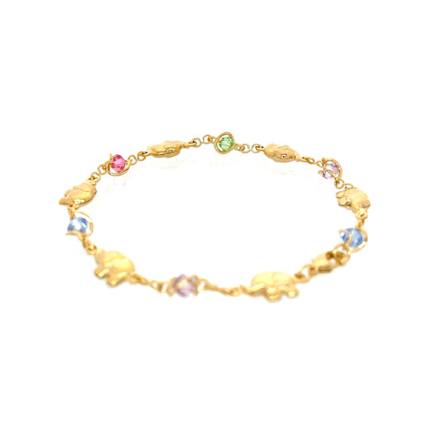 The Elephant Charms and Multicolor Birthstone Crystal Beads Bracelet, crafted from 14k gold filled materials, features a delicate circular design adorned with colorful charms, including small animal figures and multicolored gemstones. This lucky charm bracelet includes an elephant charm for spiritual protection against a plain white background.